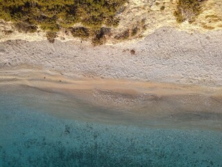 Aerial view of a serene beach with clear blue water and sandy shore