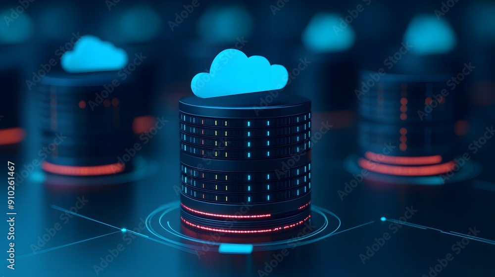 Poster cloud computing concept with data servers and cloud icons, representing digital storage and network 