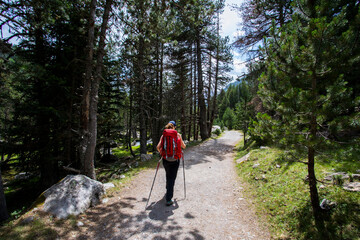 Young hiker woman in Vall de Boi, Aiguestortes and Sant Maurici National Park, Spain
