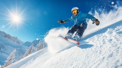 A male snowboarder descends a snowy slope under a bright blue sky and sunlight, showcasing his skills in a dynamic winter scene.