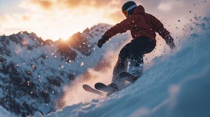 Naklejka premium A male skier expertly carves through fresh powder, with a stunning sunset illuminating the snowy mountains in the background.