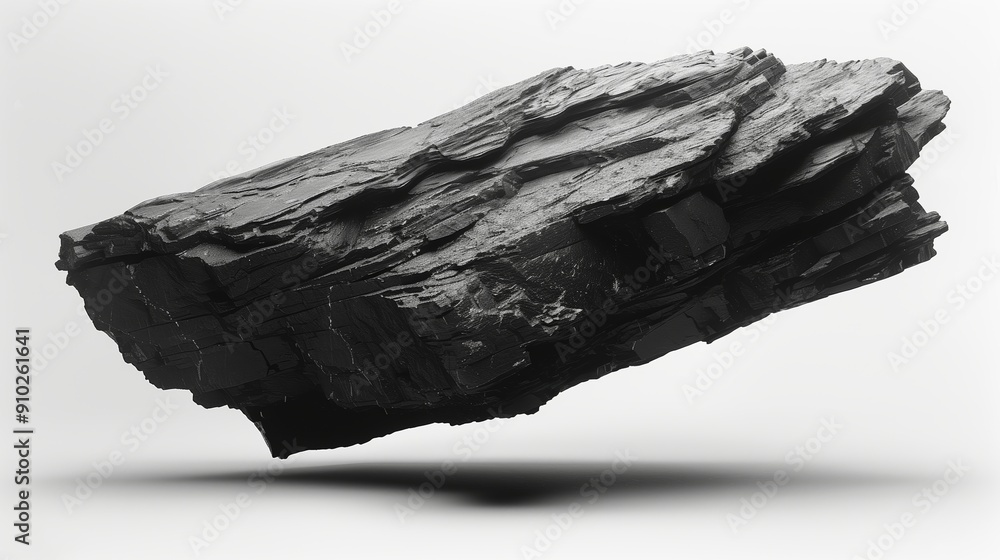 Poster unique floating black rock displayed in a minimalist studio setting with soft lighting