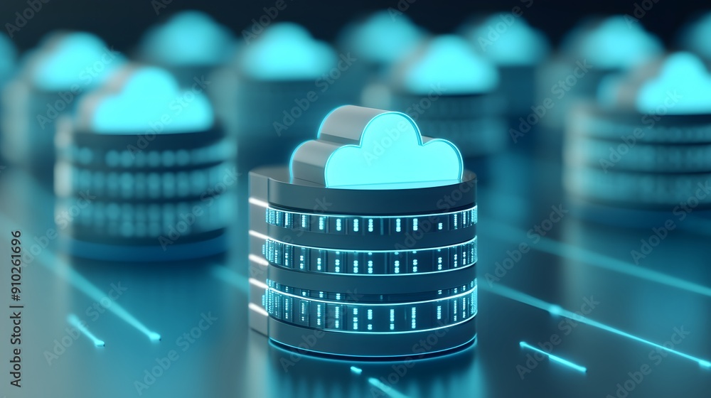 Poster cloud computing concept with database server stack, 3d rendering. perfect for technology, data, and 