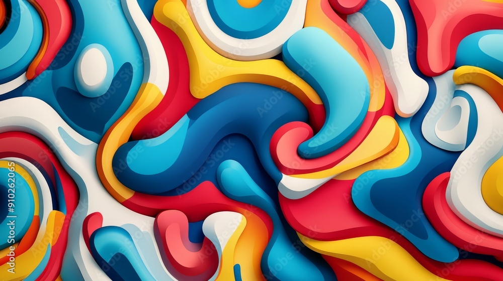 Poster vibrant abstract composition with rich colors and dynamic shapes, creating an energetic and playful 