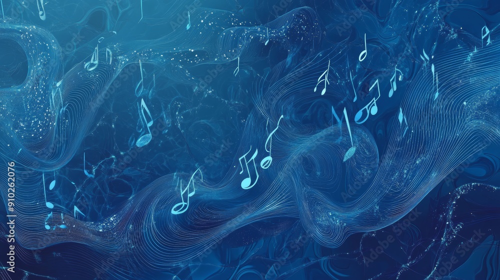 Poster a dynamic abstract design featuring blue musical notes drifting through flowing waves.
