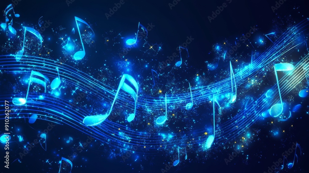 Poster vibrant blue musical notes float against a dark backdrop, creating a lively and dynamic atmosphere.