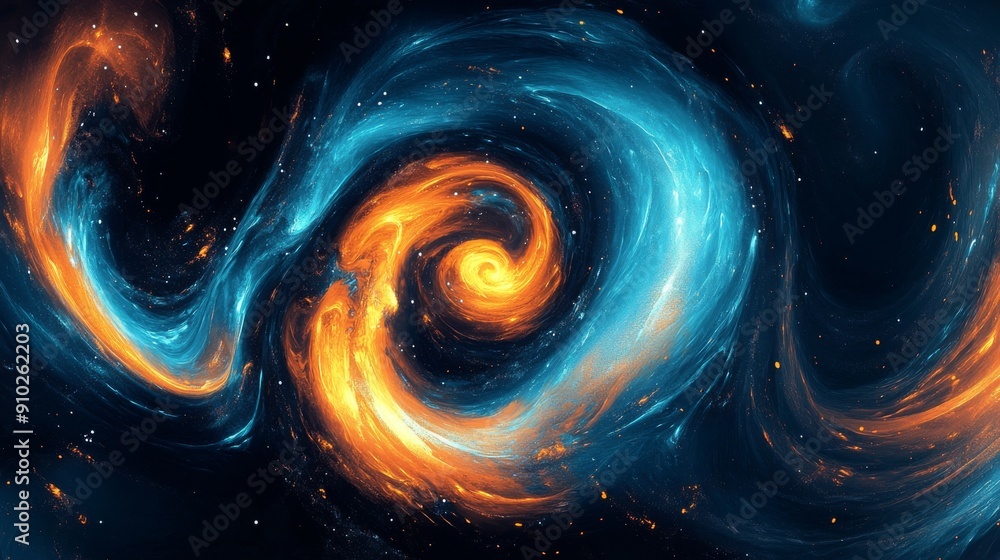 Poster a mesmerizing swirl of blue and orange nebulae in deep space, creating an ethereal cosmic scene.