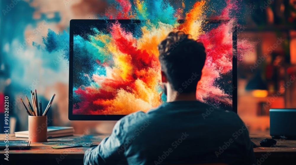Poster man looking at a colorful explosion on his computer screen