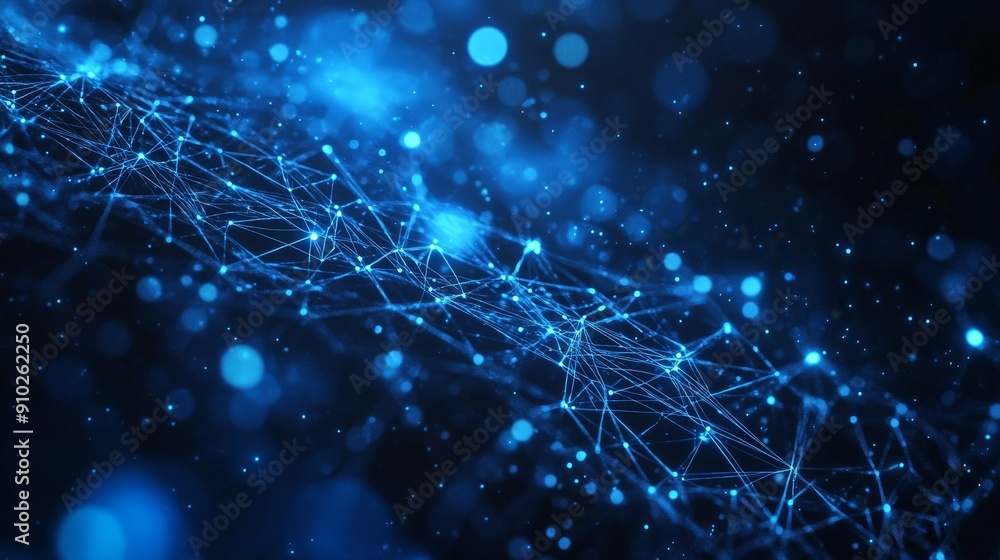 Poster abstract digital network with glowing blue lines and particles, creating a sense of connectivity and