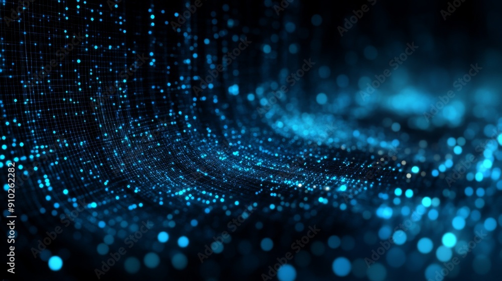 Fototapete a mesmerizing wave of blue light and dots, creating a digital landscape that evokes a sense of depth