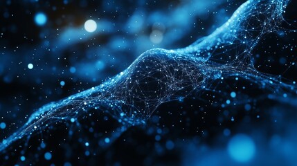 A mesmerizing abstract representation of interconnected blue particles and lines, creating a digital wave-like structure against a dark background.