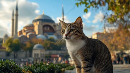 A cat sitting on a bench in front of a large building