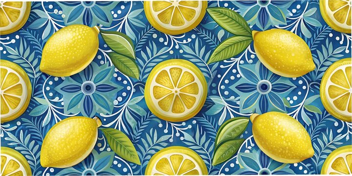 Bright juicy background with yellow and blue lemon and Portuguese tile patterns. Tropical print with yellow lemons on blue background. Repeating background with fruit.