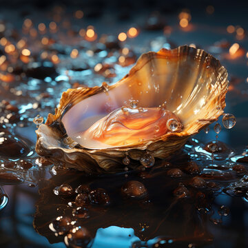 Ostra esp&eacute;cimen dentro de una concha nacarada, colores azules naranjas  puntos de luz, trasl&uacute;cidos, 3D, ilustraci&oacute;n, mundo submarino, profundidades, estudio vida marina, fantas&iacute;a, afrodis&iacute;aco 