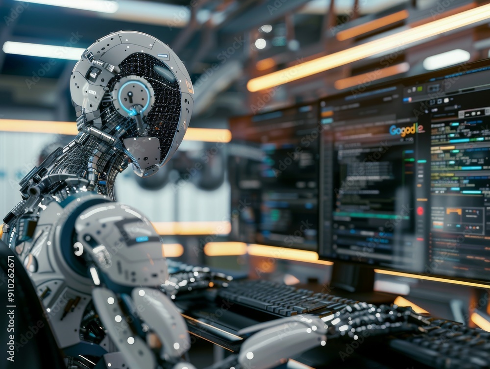 Poster a futuristic humanoid robot, with a sleek metallic body, is programming at a computer desk, immersed