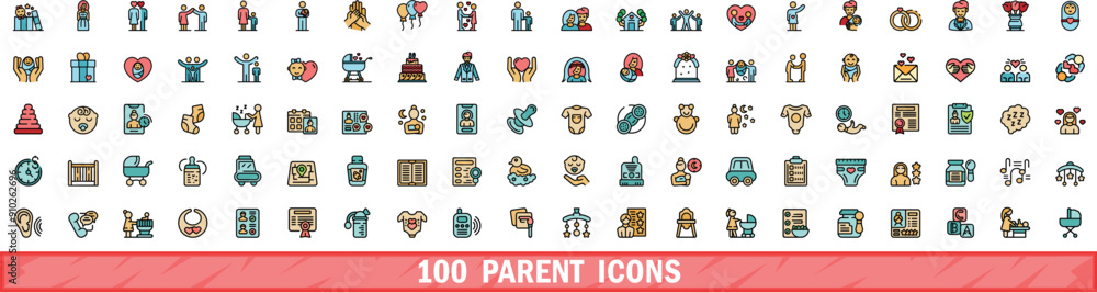 Aufkleber 100 parent icons set. color line set of parent vector icons thin line color flat on white