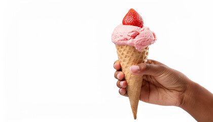 female Hand holding strawberry ice cream cone isolated on white background