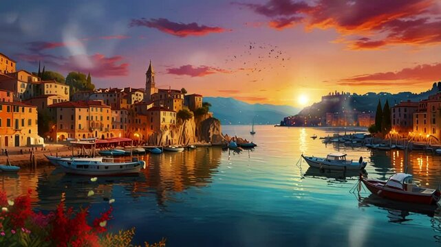 italy, seaside at sunset boats on the waters and colorful houses. seamless looping 4k video