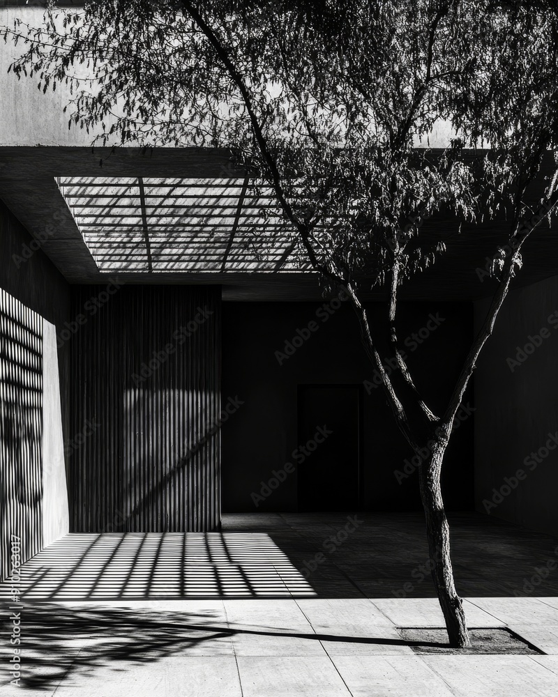Poster a solitary tree casts intricate shadows in a minimalist architectural setting, evoking a calm and co