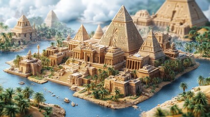 A stunning digital artwork of ancient Egyptian pyramids surrounded by lush greenery and a serene river, capturing the grandeur of the civilization.