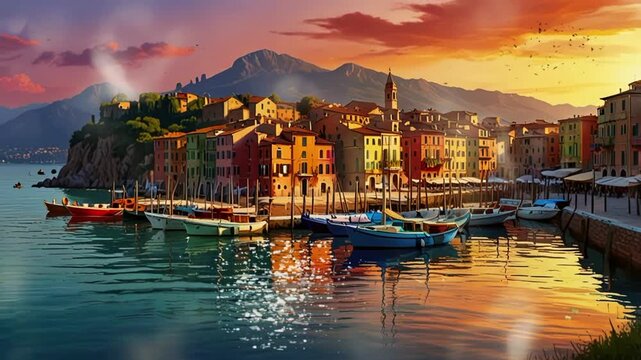italy, seaside at sunset boats on the waters and colorful houses. seamless looping 4k video