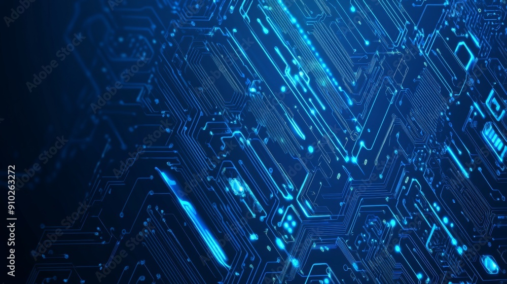 Poster abstract technology background featuring blue circuit patterns and glowing lines.
