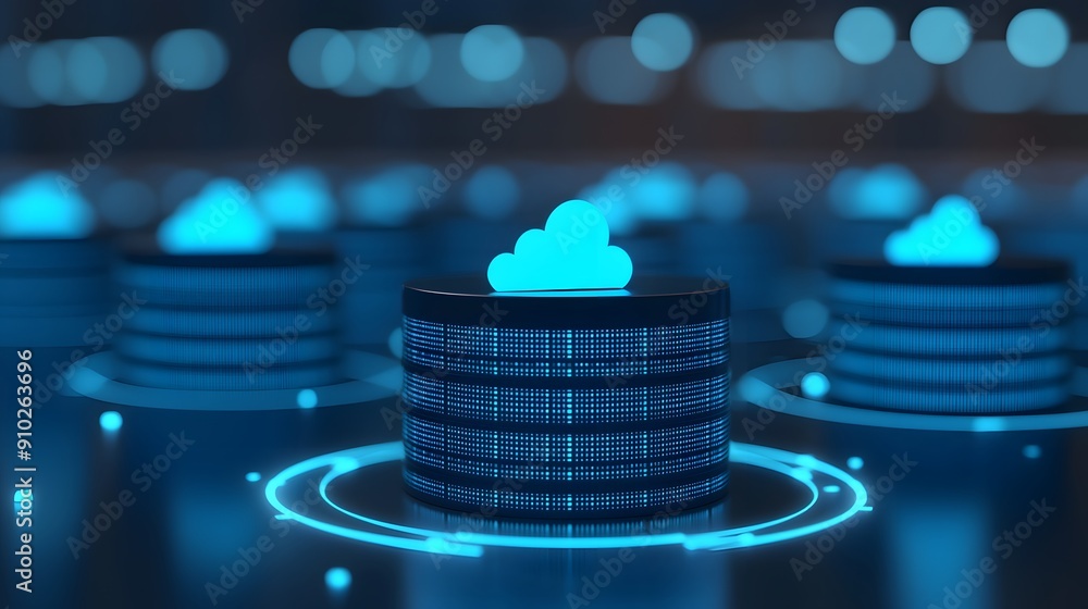Poster cloud computing concept with glowing servers and data storage in a futuristic environment, represent