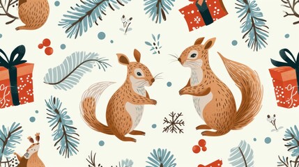 Illustrations of squirrels engaging in Christmas activities