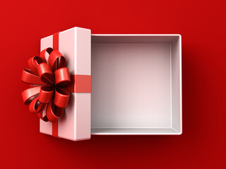 Top view of blank white present box open for products display showcase or white gift box tied with red ribbon bow isolated on dark red background with shadow minimal idea concepts 3D rendering
