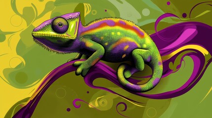 A vibrant chameleon rests on a colorful branch, showcasing its intricate patterns and bright hues against a dynamic backdrop.