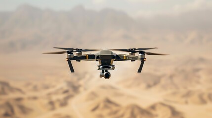 Drone strike over desert terrain, targeted mission, powerful impact, military precision