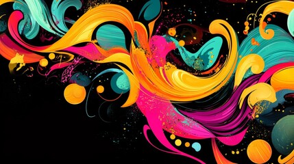 Vibrant abstract swirl of colors with bold swirls and playful dots on a dark background.