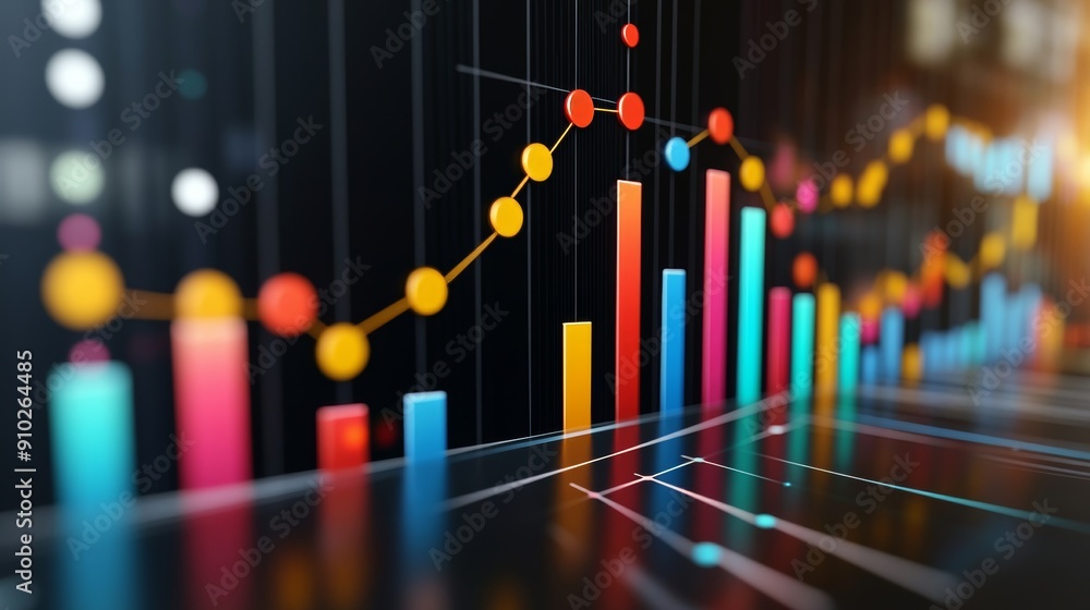 Poster vibrant data visualization with colorful bar and line charts representing financial trends.