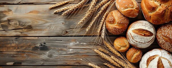 Assorted bread loaves and golden wheat stems arranged on weathered wood, top view flat lay banner idea