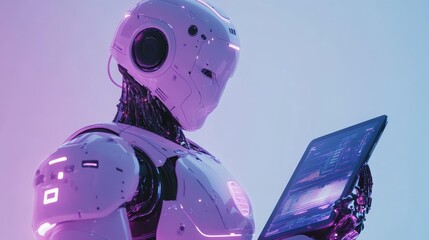 Futuristic humanoid robot analyzing data on a digital tablet, illuminated by vibrant purple and blue lights.