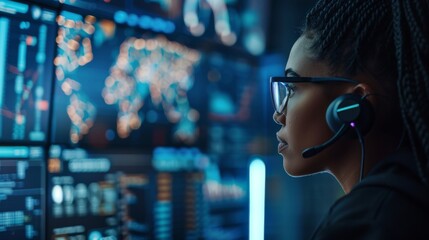 Focused Black woman with braided hair and glasses, wearing a headset while analyzing data on multiple digital screens.