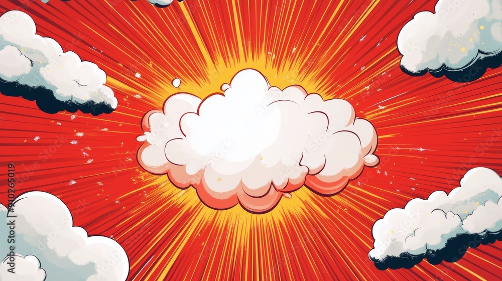 Poster a vibrant explosion of color with clouds against a fiery red backdrop, creating a dynamic and energe