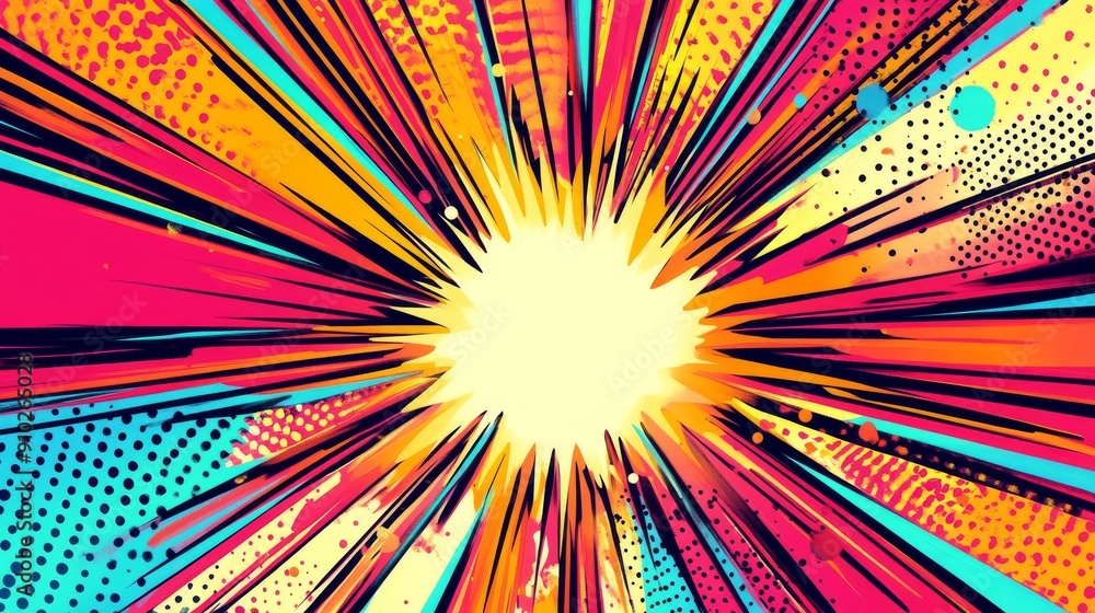 Poster vibrant explosion of colors radiating from a central point, creating a dynamic and energetic visual 