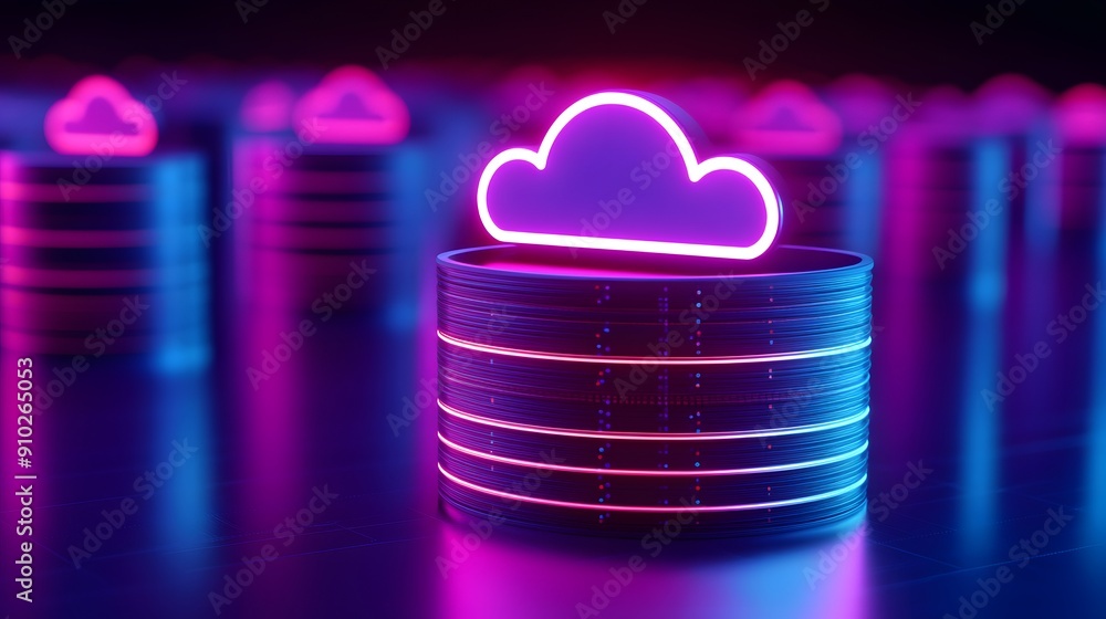 Aufkleber cloud computing concept with neon lights, showcasing a futuristic server and data storage representa