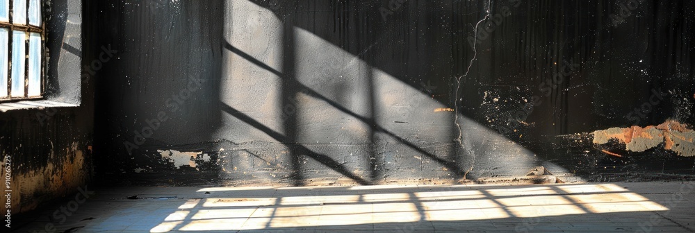 Poster Sunlight streams through a window in a dilapidated building, casting shadows on the floor