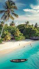 Fototapeta premium Tourists relaxing on idyllic tropical beach with wooden boat in foreground
