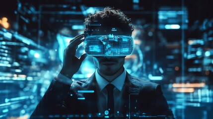 A young Caucasian man in a suit using a virtual reality headset, immersed in a futuristic digital environment filled with blue holographic data.