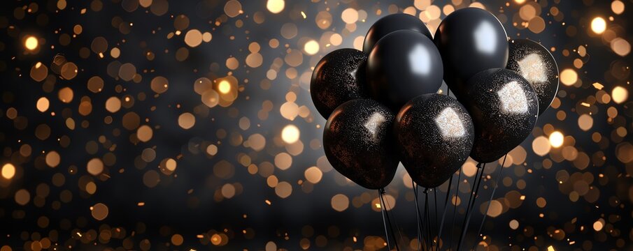 Chic black balloons with glittering starry night background, suited for gala events, New Years Eve, and sophisticated parties