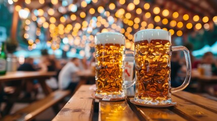 Fototapeta premium Beer glasses on a wooden table with an open bar background. Oktoberfest concept