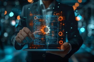 Fototapeta premium Businessman holding a tablet with a holographic graph and dollar sign icon