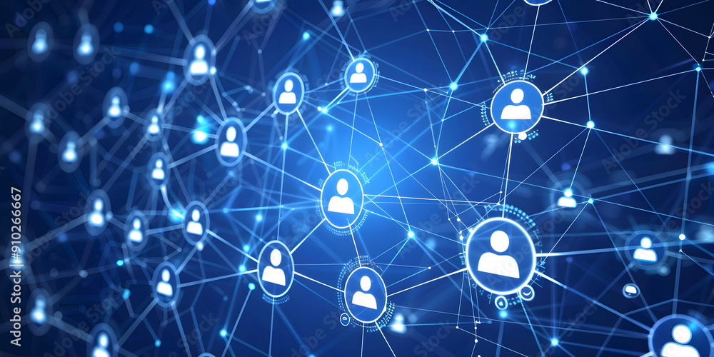 Poster abstract geometric background with many people icons. blue background visualizing social networks or