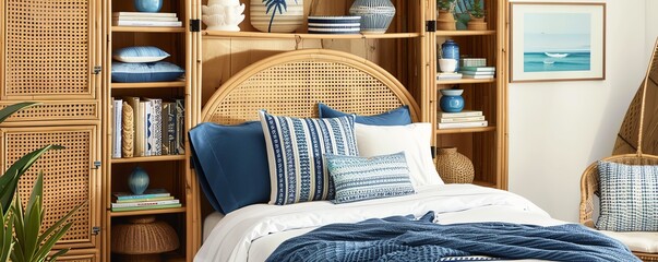 A cozy bedroom with a wooden headboard and blue and white bedding.