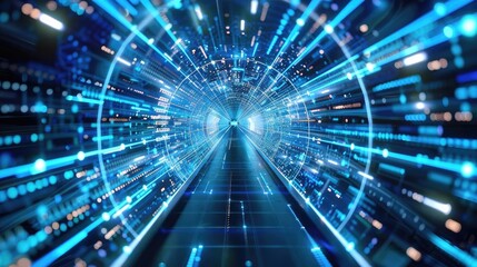 A futuristic tunnel with vibrant blue light streams, symbolizing speed and technology, creating a dynamic and immersive atmosphere.