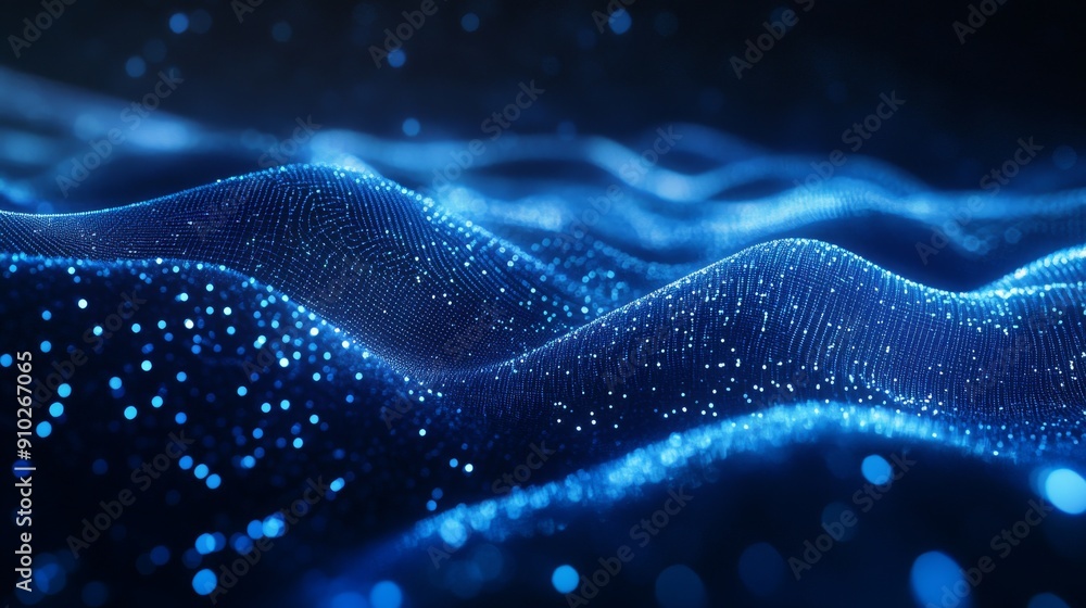 Poster a captivating abstract image of flowing blue digital waves, creating a serene and futuristic atmosph