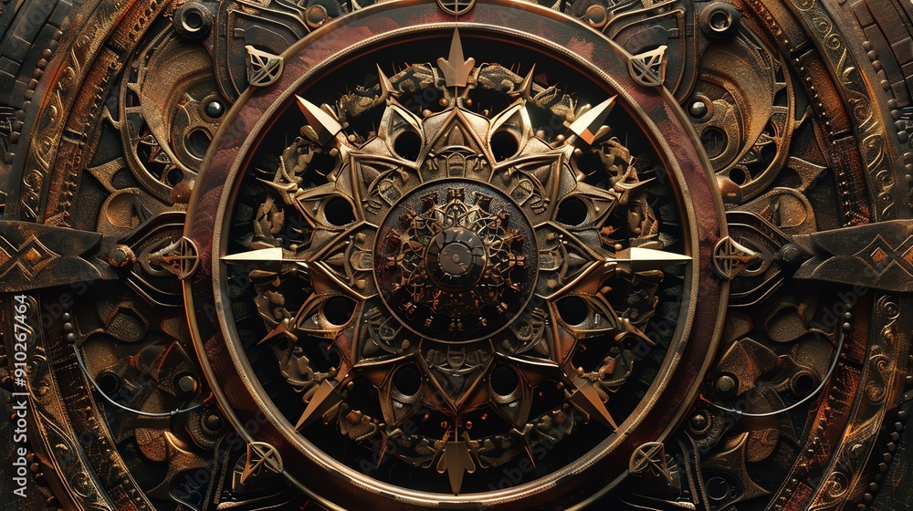 Poster a intricate, steampunk-inspired design featuring gears, cogs, and a central starburst. the metallic 